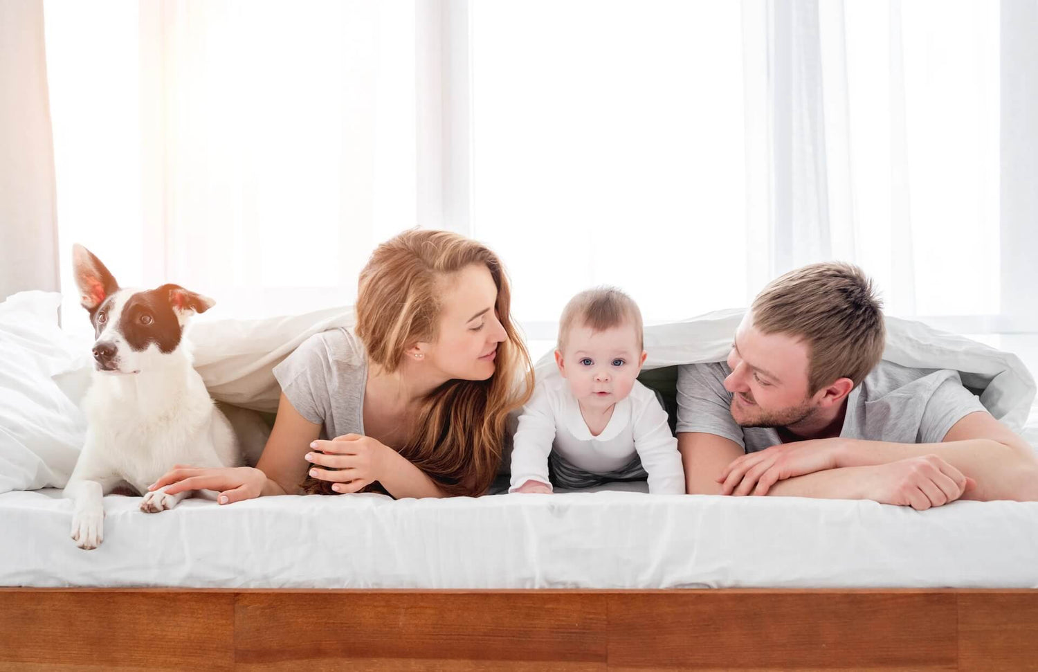 Family with dog in the bed