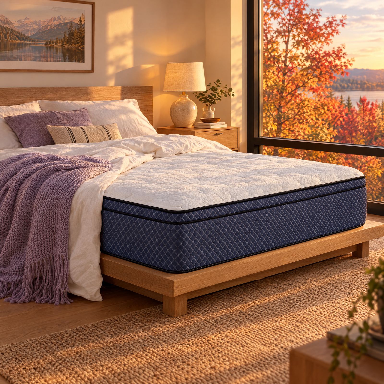 Bedroom with an Aya mattress and autumn maple trees outside the window