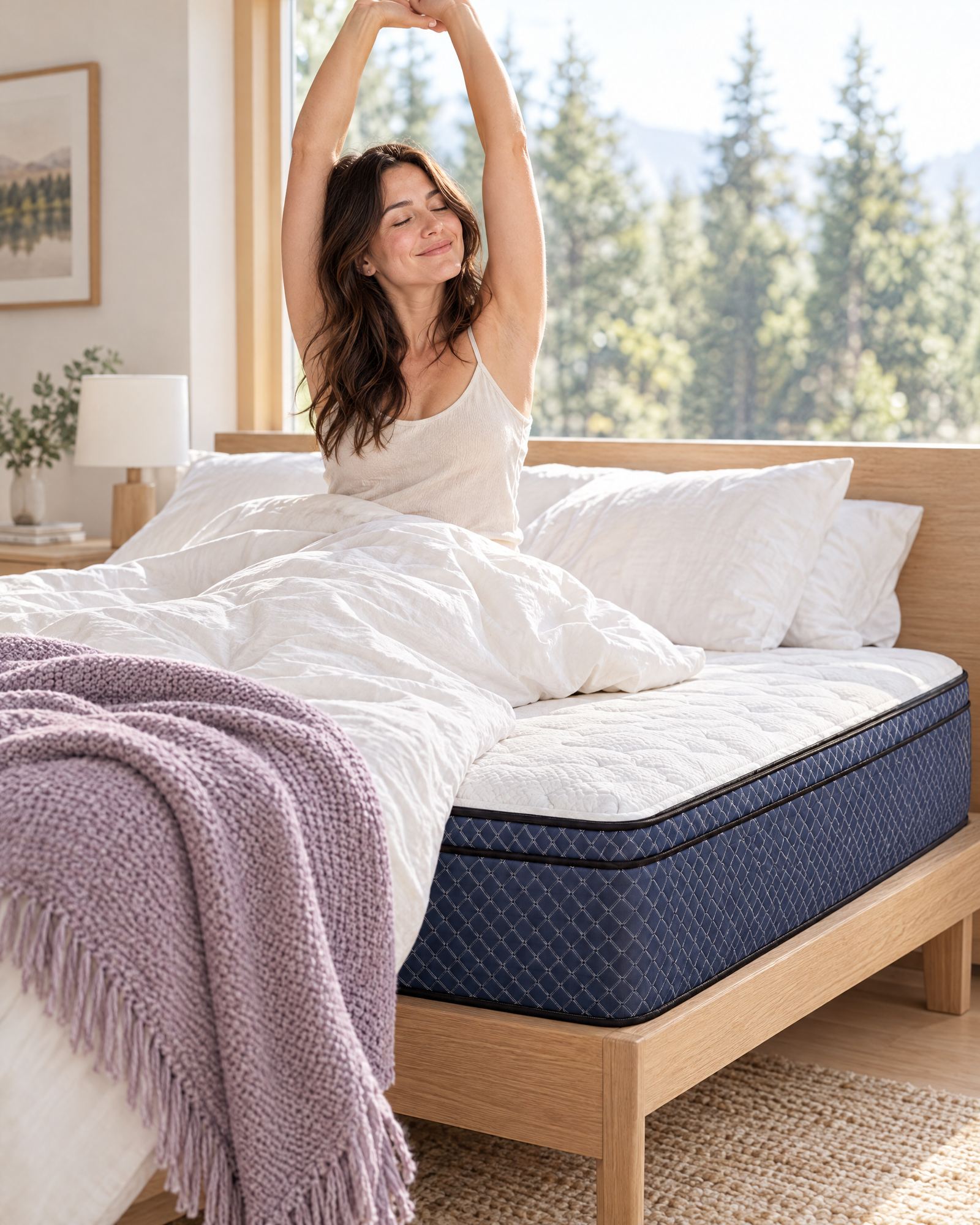 Woman stretching after a good night's sleep on an Aya mattress